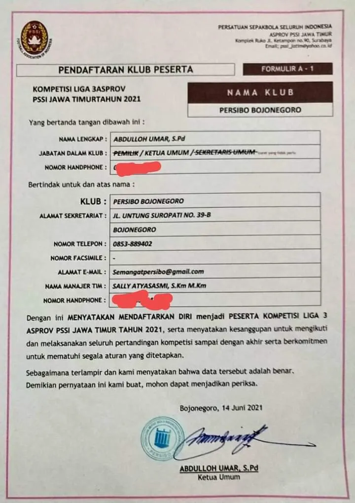 Surat Persibo Berlaga Di Liga 3 PSSI 2021